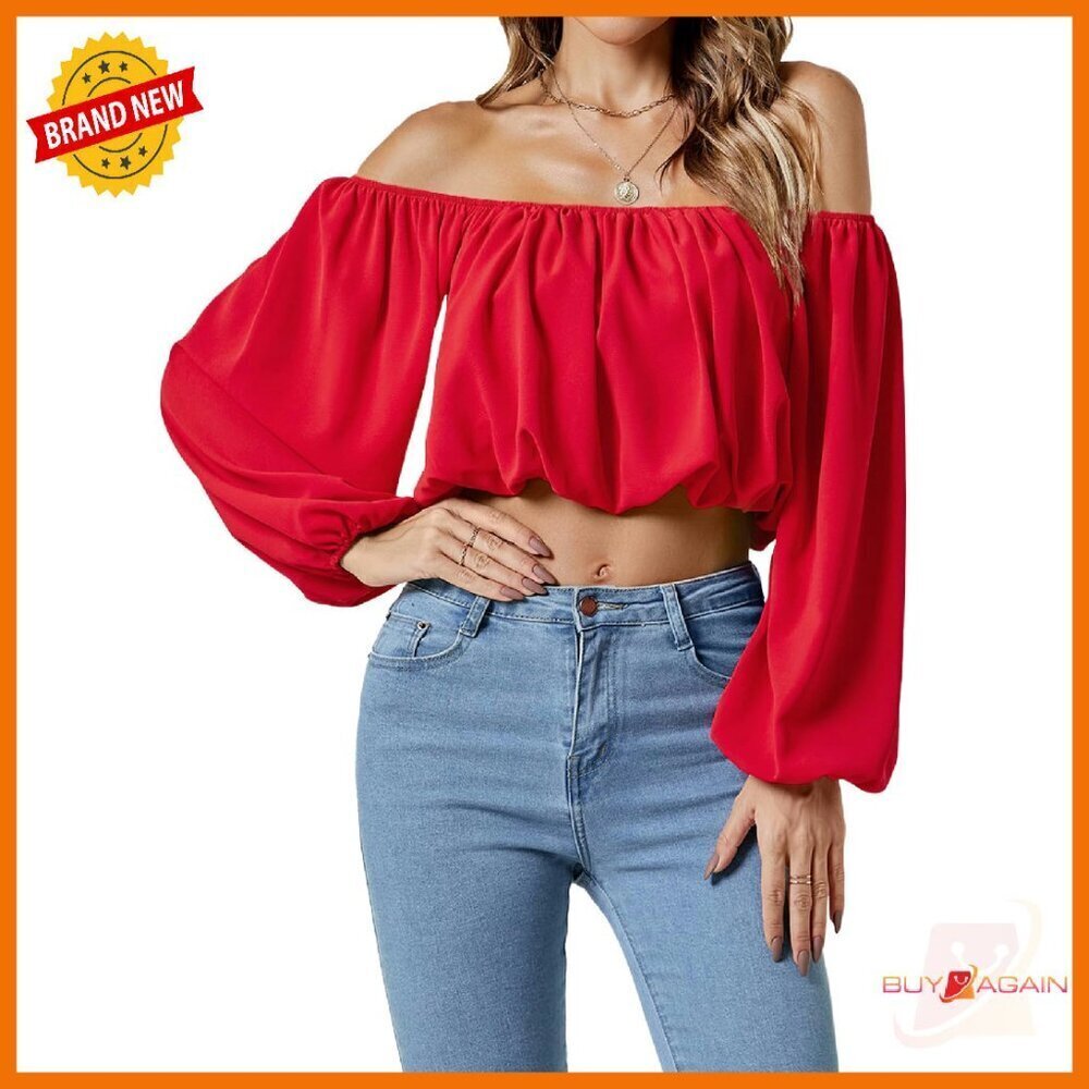 Off Shoulder Ruched Lantern Sleeve Crop Top Blouse - XS to XL